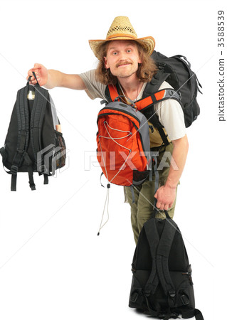 Man with backpacks in straw hat 3588539