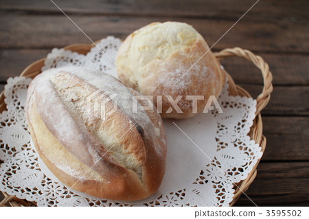 Two types of bread on a tray: rice flour bread and white bread Two types of bread on a tray: rice flour bread and white bread 3595502