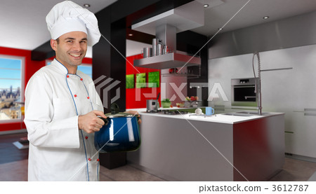 Chef in a red and black designer kitchen 3612787
