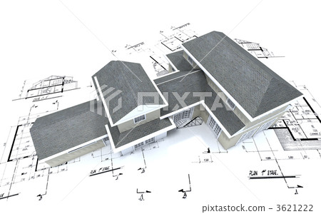 Aerial view of expensive house on blueprints 3621222