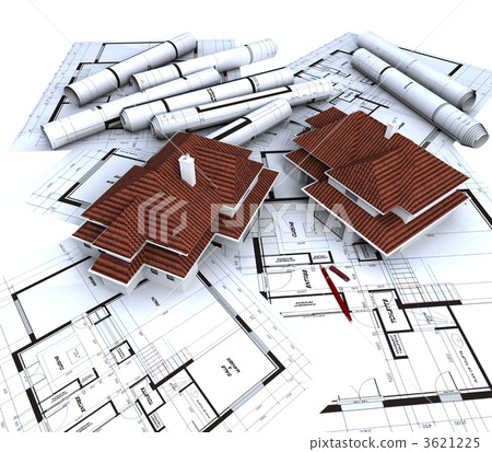Aereal view of houses on top of blueprints 3621225