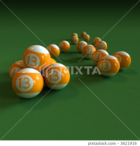 Orange billiard balls number 13 on green felt table 3621916