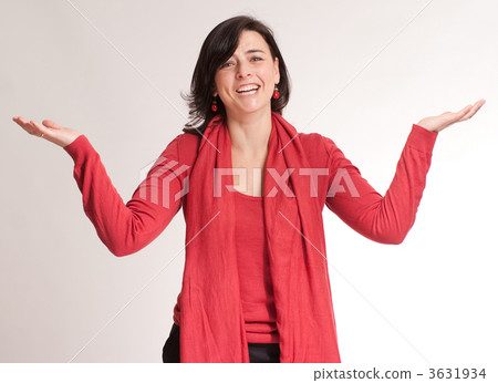happy brunette in red with raised hands 3631934