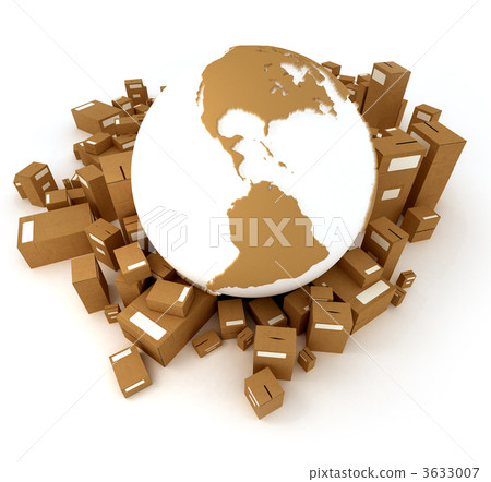 Brown Earth globe surrounded by packages oriented to America 3633007