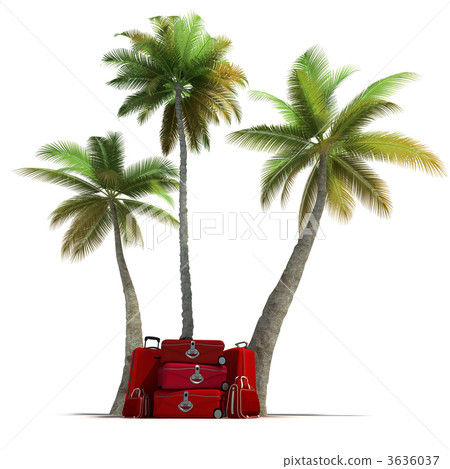Tropical trip and elegant red luggage Tropical trip and elegant red luggage 3636037