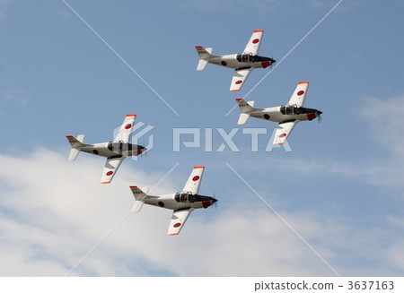 Flight of T-5 practice aircraft showing acrobatic flight at the air show of Kaizuki Air Base in the Maritime Self Defense Force of Shimonoseki City in Yamaguchi Prefecture Flight of T-5 practice aircraft showing acrobatic flight at the air show of Kaizuki Air Base in the Maritime Self Defense Force of Shimonoseki City in Yamaguchi Prefecture 3637163