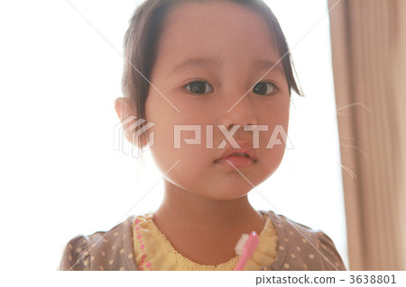 A 3 year old girl who has a toothbrush and sees a camera 3638801