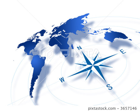 Blue world map and compass on white background Blue world map and compass on white background 3657146
