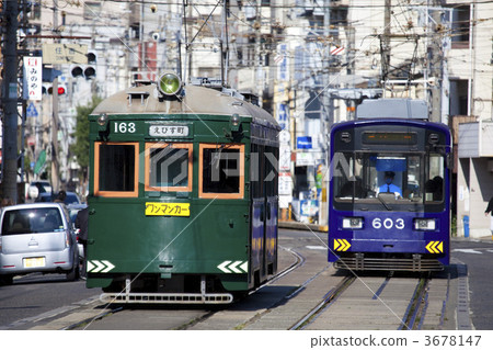 在Sumiyoshi-ku運行的電車軌道 3678147