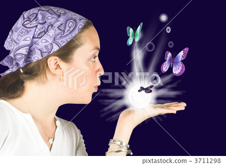 Beautiful girl blowing butterflies - mind reader Beautiful girl blowing butterflies - mind reader 3711298
