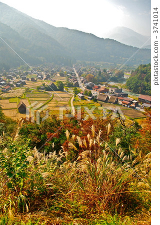 autumn. I desire Shirakawago Village from the top of the hill (Ogi-cho, Shirakawa village Ohno-gun, Gifu prefecture) 3741014