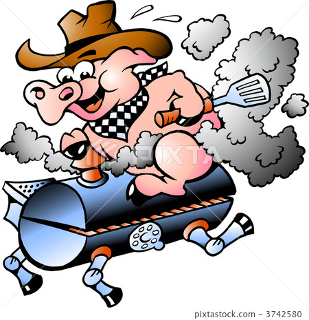 Hand-drawn Vector illustration of an Pig riding on a BBQ barrel Hand-drawn Vector illustration of an Pig riding on a BBQ barrel 3742580