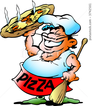 Hand-drawn Vector illustration Pizza Baker with a giant pizza Hand-drawn Vector illustration Pizza Baker with a giant pizza 3742581