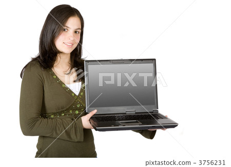 girl smiling with a laptop on her hands girl smiling with a laptop on her hands 3756231