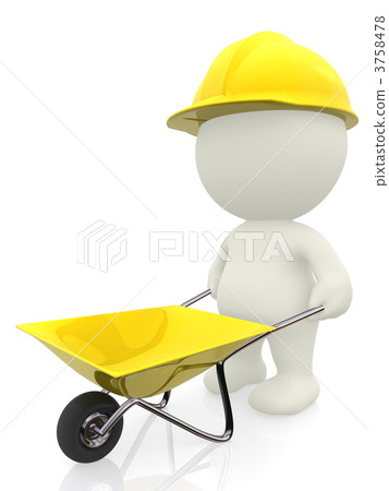 3D construction worker with wheelbarrow 3758478