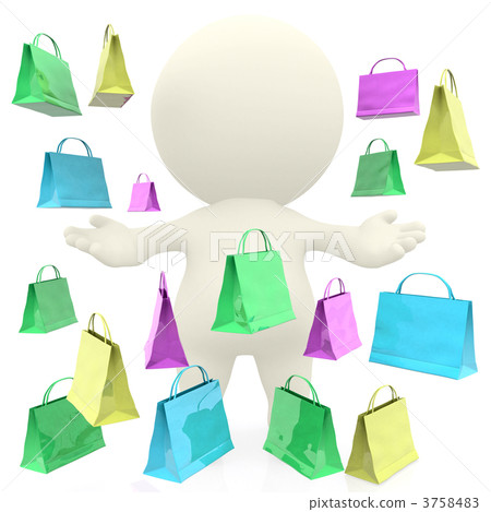 3D man under a gift bags rain 3D man under a gift bags rain 3758483