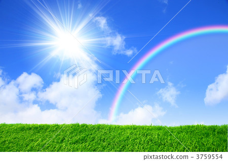 Prairie with blue sky and rainbow 3759554