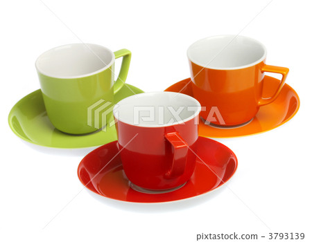 Three multi-coloured cups on a white background Three multi-coloured cups on a white background 3793139