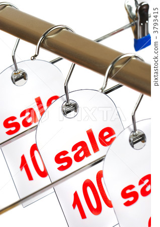 Sale. A hanger with labels on a white background. Sale. A hanger with labels on a white background. 3793415