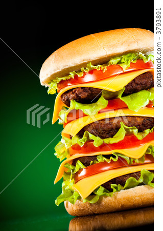 Tasty and appetizing hamburger on a darkly green Tasty and appetizing hamburger on a darkly green 3793891