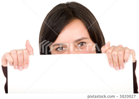 girl displaying a white card girl displaying a white card 3820027