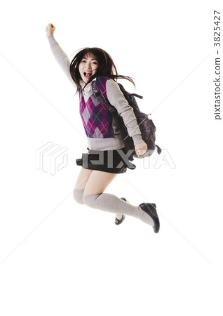 Chinese school girl jumping into air. 3825427