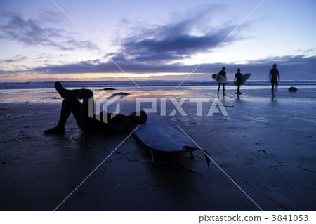 West coast and surfers at dusk 3841053