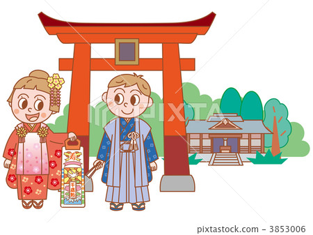 Shichigosan男孩和女孩在牌坊前 3853006