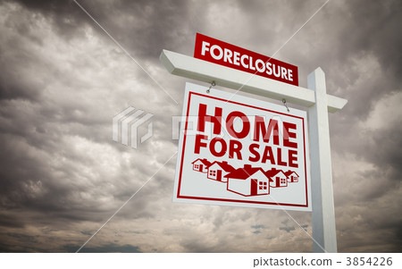 White and Red Foreclosure Home For Sale Real Estate Sign Over Cl White and Red Foreclosure Home For Sale Real Estate Sign Over Cl 3854226