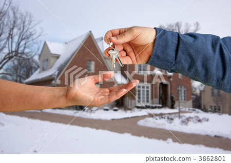 Handing Over the House Keys in Front of New Home Handing Over the House Keys in Front of New Home 3862801