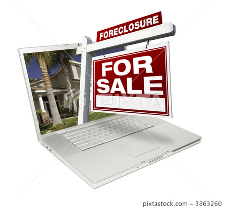 Foreclosure Home for Sale Real Estate Sign & Laptop 3863260