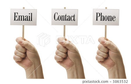 Three Signs In Fists Saying Email, Contact and Phone Three Signs In Fists Saying Email, Contact and Phone 3863532
