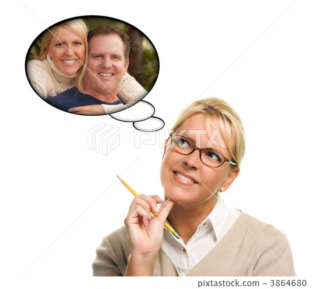 Beautiful Woman with Thought Bubbles of Herself and A Guy Beautiful Woman with Thought Bubbles of Herself and A Guy 3864680