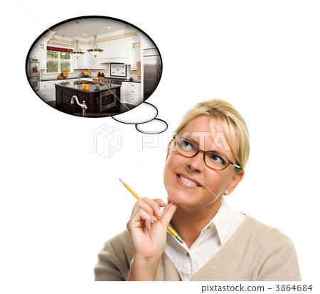 Woman with Thought Bubbles of a New Kitchen Design 3864684