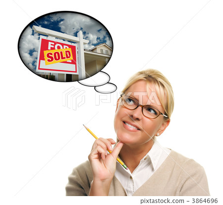Woman with Thought Bubbles of a Sold Real Estate Sign Woman with Thought Bubbles of a Sold Real Estate Sign 3864696