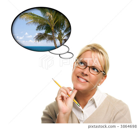 Beautiful Woman with Thought Bubbles of a Tropical Place 3864698