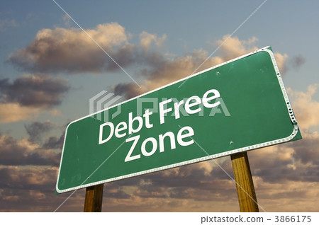 Debt Free Zone Green Road Sign and Clouds Debt Free Zone Green Road Sign and Clouds 3866175