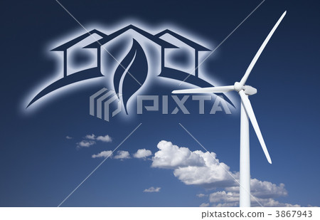 Wind Turbine Over Sky, Clouds, Ghosted House and Leaf 3867943