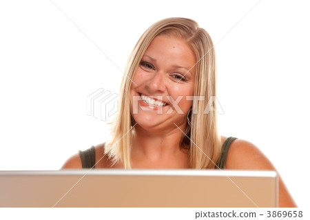 Beautiful Smiling Blonde Woman Using Laptop Beautiful Smiling Blonde Woman Using Laptop 3869658