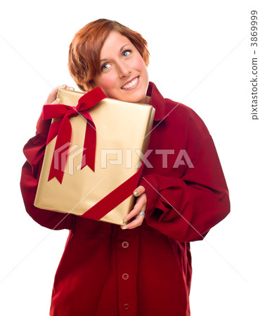 Pretty Red Haired Girl with Wrapped Gift Isolated 3869999