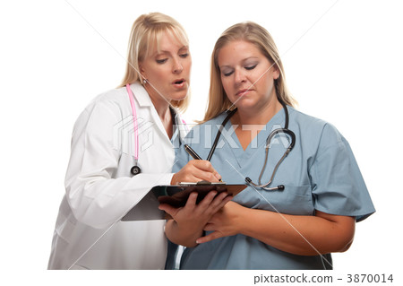 Two Doctors or Nurses Looking of File on Clipboard 3870014