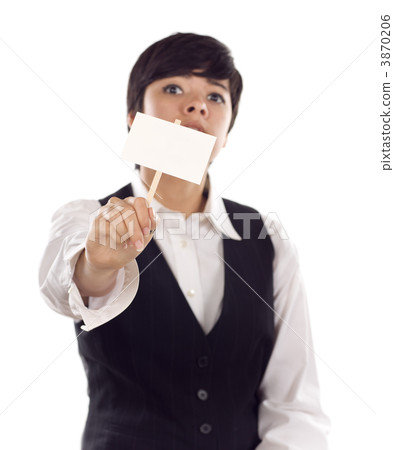 Mixed Race Young Adult Female Holding Blank White Sign 3870206