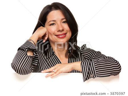 Attractive Multiethnic Woman Leaning on Blank White Sign Corner 3870397