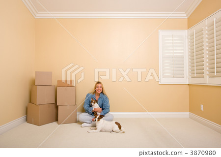Pretty Woman and Dogs with Moving Boxes in Room on Floor Pretty Woman and Dogs with Moving Boxes in Room on Floor 3870980