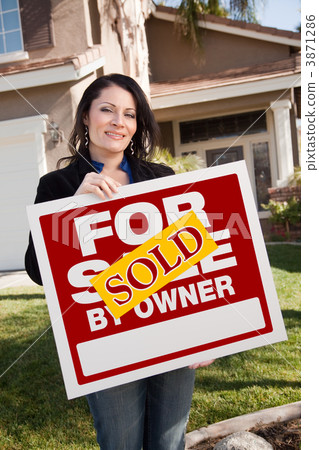 Hispanic Woman Holding Sold For Sale By Owner Real Estate Sign I 3871286