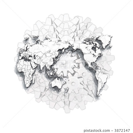 Gears and gears, world map, white map drawing 3872147