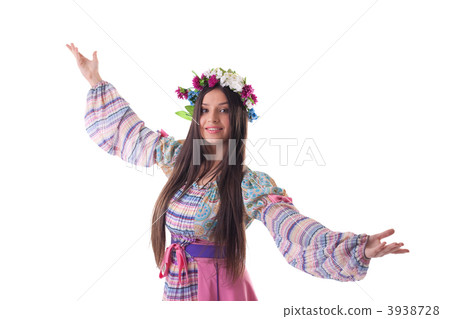 young girl with garland dance in russian costume 3938728