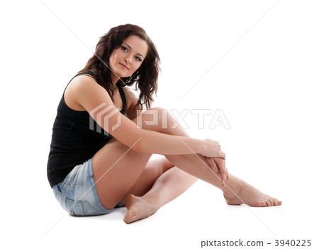 girl sit on white - casual dress and curly hair girl sit on white - casual dress and curly hair 3940225