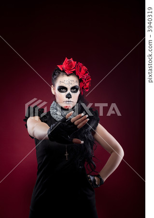 funny woman in day of the dead mask stop sign funny woman in day of the dead mask stop sign 3940319