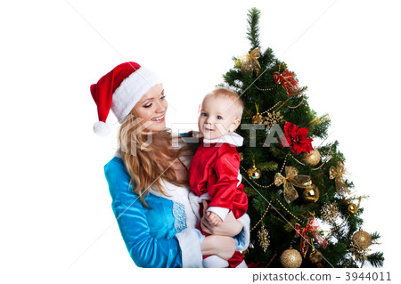 christmas girl with baby santa claus portrait 3944011